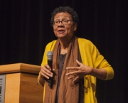 Feminist author and social activist, bell hooks, discusses the intersectionality of race, class and gender to a full theater of students, Sept. 20, at the Sorensen Center.